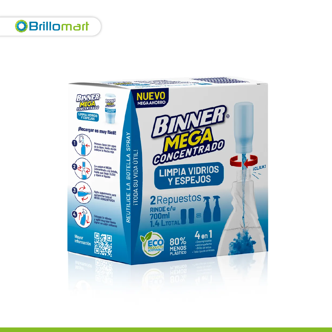 2 Repuestos limpieador Binner megaconcentrado para vidrios y espejos 50ml
