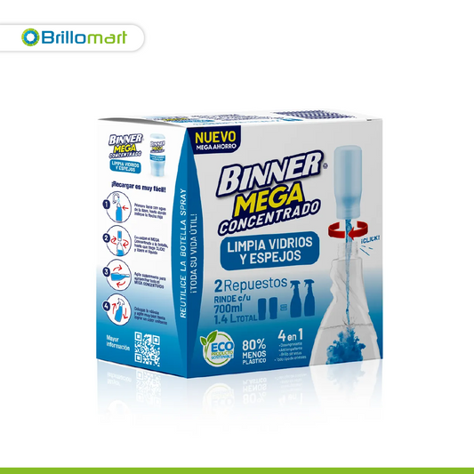 2 Repuestos limpieador Binner megaconcentrado para vidrios y espejos 50ml