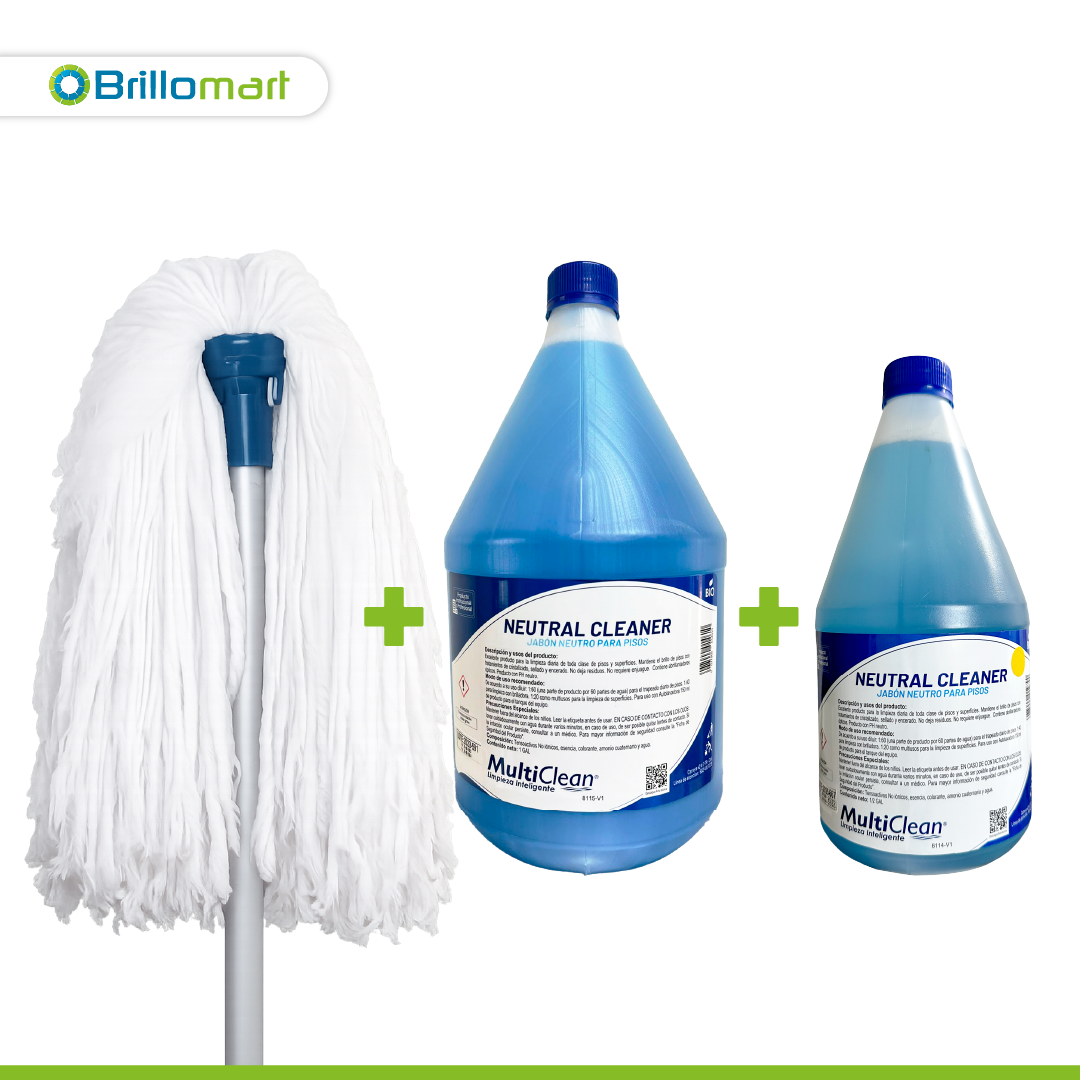 Combo Limpieza de Pisos con Jabón Neutro (Galón + ½ Galón) y Trapero Azul de Microfibra